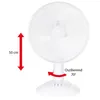 A white oscillating table fan with dimensions indicated. Produktbild-Vorschau