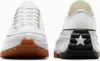 Front and back views of a pair of white Converse Run Star Hike Ox sneakers with brown and black soles. Voir les images du produit