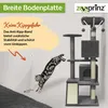 A cat jumping towards a cat tree, with marketing text and a logo. Produktbild-Vorschau