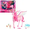 A Barbie Magic Pegasus toy with accessories, shown both in its packaging and displayed separately. Produktbild-Vorschau