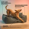 A dog stretching on a dog bed with descriptive text overlays. Produktbild-Vorschau