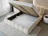 A beige upholstered bed with its storage compartment open, revealing the slatted base and internal storage space. Produktbild-Vorschau