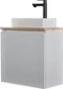 A white bathroom vanity with a rectangular sink and a black faucet on a wooden countertop. Produktbild-Vorschau