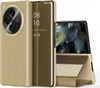 A gold flip case for a smartphone is shown, with the phone partially open to display its screen. Produktbild-Vorschau