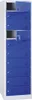 A tall, narrow cabinet with multiple blue locker doors, some open, against a white background. Produktbild-Vorschau