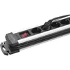 A close-up, angled view of a black and silver power strip with multiple outlets and a red on/off switch. Produktbild-Vorschau