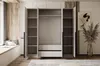 An open wardrobe with shelves and drawers, next to a window seat with cushions. Produktbild-Vorschau