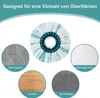 A mop head is shown in the center, surrounded by four circular images depicting different floor surfaces: marble, ceramic tile, hardwood, and cement. Produktbild-Vorschau