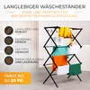 A black foldable drying rack with clothes hanging on it, set against a white and light gray background with text overlays describing its features. Voir les images du produit