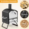 A pizza oven with three circular insets showing different types of fuel: wood, charcoal, and pellets. Produktbild-Vorschau