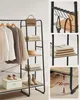 A clothing rack with folded clothes and accessories displayed on shelves, alongside close-up shots of folded clothes and a shoe. Produktbild-Vorschau