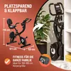 A collage-style marketing image showing a foldable exercise bike with dimensions and feature callouts, alongside a potted plant and a shelf unit. Produktbild-Vorschau