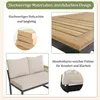 A collage of images showcasing the features of a garden lounge set, including wood material, a close-up of the table, and the sofa cushions. Produktbild-Vorschau