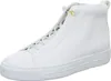 A white high-top sneaker with a unique lacing system and gold accent. Voir les images du produit