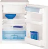 An open, empty, white mini-refrigerator with blue containers inside. Voir les images du produit