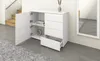 A white sideboard with two doors and drawers is shown in a hallway next to a staircase and a mirror. Produktbild-Vorschau