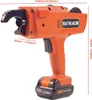 An orange and black rebar tying machine with a battery pack, shown against a white background with measurement annotations. Náhled obrázku produktu