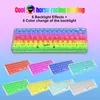 A product image showcasing a transparent RGB gaming keyboard with various color options displayed below. Produktbild-Vorschau
