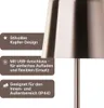 A close-up of a modern LED table lamp with descriptive text overlays. Podgląd zdjęcia produktu