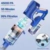 A blue and gold cordless vacuum cleaner with its components shown separately, highlighting its features. Produktbild-Vorschau