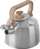 A stainless steel kettle with a wooden handle and lid knob, featuring a built-in thermometer. Voir les images du produit