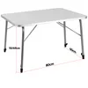 A silver folding camping table with dimensions indicated by red lines and text. Produktbild-Vorschau