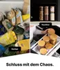 Vorher-Nachher-Collage, die unordentliche Vorratskammerartikel versus organisierte klare Glasgläser mit Bambusdeckeln zeigt Voir les images du produit