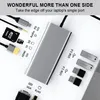 A silver docking station with various ports and accessories like USB drives and memory cards, arranged on a white surface. Produktbild-Vorschau