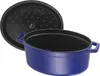 A blue oval cast iron pot with its black lid slightly ajar, set against a white background. Náhled obrázku produktu