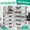 A stack of glass food storage containers with lids, with dimensions and capacities labeled. Produktbild-Vorschau