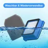 Vacuum cleaner filters being rinsed in water, with text overlay. Produktbild-Vorschau
