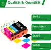 Four ink cartridges in a holder with colorful diamonds representing ink colors below them, and marketing text on the right. Produktbild-Vorschau