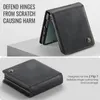 A black leather flip case for a Samsung Galaxy Z Flip 7 phone is shown in two different views, one open and one closed, with text highlighting its features. Produktbild-Vorschau