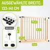 A wooden baby gate with various measurement indicators and included accessories shown. Produktbild-Vorschau
