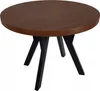 A round table with a dark wood top and black legs, shown from a three-quarter angle against a white background. Náhled obrázku produktu