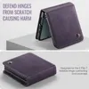 A purple leather flip case for a Samsung Galaxy Z Flip 7 is shown in two views, one open and one closed, with descriptive text. Produktbild-Vorschau