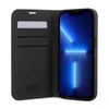 A black flip phone case with card slots is open, revealing a smartphone with a blue screen. Produktbild-Vorschau