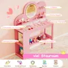 A pink children's vanity table with various accessories and labels pointing out its features. Náhled obrázku produktu