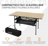 A camping table is shown with its carrying bag and feature icons below. Podgląd zdjęcia produktu