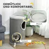 A cat tree with a cat emerging from an opening, with text overlays highlighting features and a close-up of the plush material. Produktbild-Vorschau