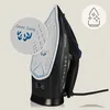 A close-up marketing image of a black and blue steam iron, with a magnified inset showing the ceramic coating detail. Produktbild-Vorschau