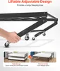 A hand is shown adjusting a metal bed frame, with inset images showing the bed in its stored and extended states. Voir les images du produit