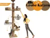 A woman is interacting with a large cat tree, with several cats on different levels of the tree. There are also marketing graphics in the top right corner. Produktbild-Vorschau