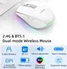 A white dual-mode wireless mouse with RGB lighting is shown on a white surface, next to a keyboard. The image includes feature callouts and icons. Náhled obrázku produktu