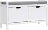A white bench with a gray cushion and two columns of drawers.