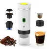 A portable coffee machine and its components are displayed on a white background, along with a cup of coffee, coffee beans, and ground coffee. Náhled obrázku produktu
