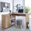 A modern home office setup with an L-shaped desk, laptop, lamp, and storage unit. Anteprima dell’immagine prodotto