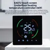 A close-up of a black smart thermostat with a digital display showing temperature and time, set against a light-colored surface. Podgląd zdjęcia produktu