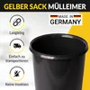 A black trash can with marketing text and icons highlighting its features. Produktbild-Vorschau