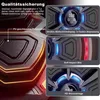 Close-up views of a black electronic device with illuminated blue and red accents, featuring text descriptions of its features. Produktbild-Vorschau